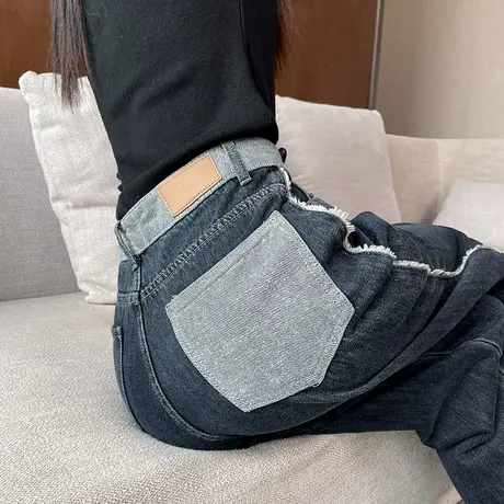 高腰直筒阔腿牛仔裤女宽松秋冬显瘦美式复古做旧冬季加薄绒拖地裤商品大图