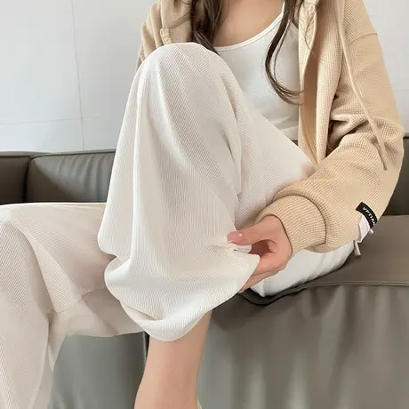 白色雪尼尔阔腿裤女春秋款2023新款高腰垂感窄版直筒休闲针织裤商品大图