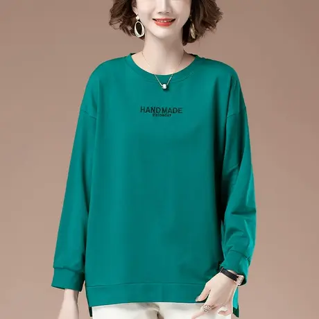 加肥加大码女装薄款卫衣春秋新款中年妈妈百搭圆领套头显瘦打底衫商品大图