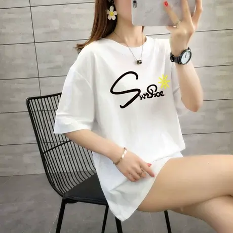 纯棉圆领短袖t恤女春装2024年新款韩版简约大码MM宽松百搭上衣）图片