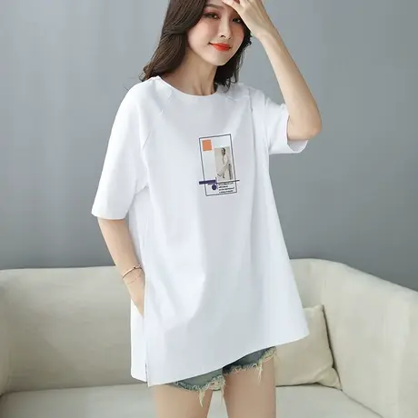 白色开叉上衣女小个子遮屁股中长款夏季宽松休闲短袖时尚印花t恤商品大图