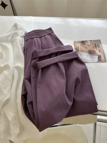 韩版时髦chic紫色高腰工装休闲裤女宽松阔腿九分奶奶裤2023春秋潮商品大图