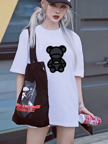 白色仿棉短袖t恤女夏季2023新款小众设计感学院运动风卡通上衣服商品大图