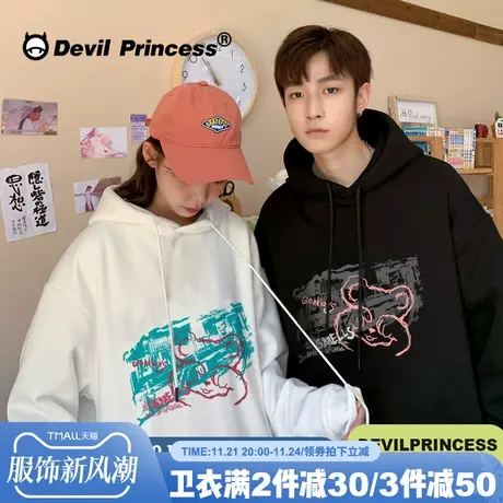 美式秋装加绒情侣装黑色卫衣女ins春秋2024年新款慵懒设计感上衣商品大图