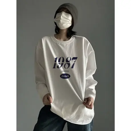 cec超火大码纯棉长袖t恤女白色秋冬内搭ins潮美式复古打底衫上衣商品大图