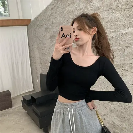 2024秋季新款港风U领纯色上衣修身性感短款打底衫长袖紧身T恤女装图片