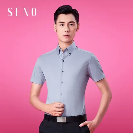 seno纯棉舒适牛津纺衬衫男短袖灰色美式扣领特色门襟夏季衬衣图片