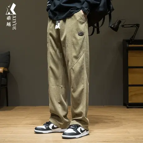 希越卡其色男士休闲直筒裤秋冬季宽松大码日系工装拖地百搭长裤子商品大图