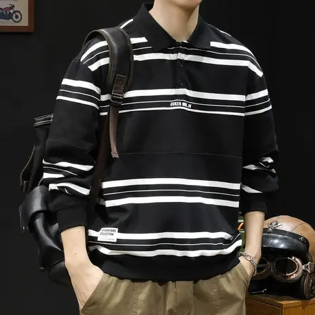 潮牌重磅POLO卫衣男春秋款翻领男款衣服条纹春季2024新款长袖大码商品大图