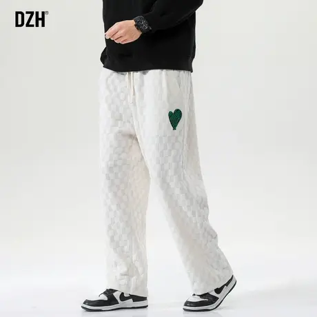 男士白色休闲裤男春秋季格子阔腿裤垂感直筒裤子男款2023新款长裤商品大图