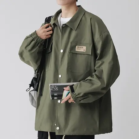 男士军绿色工装外套男春秋款潮高级感2023年新款宽松上衣翻领夹克商品大图