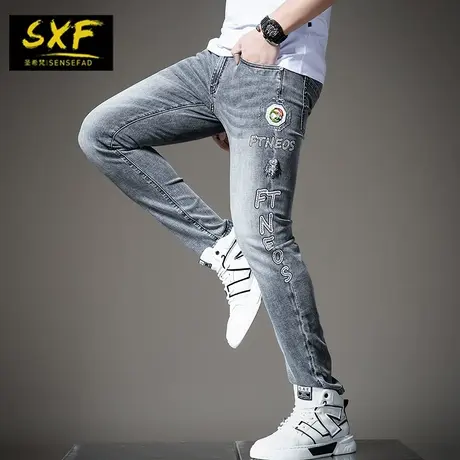 SXF圣希梵牛仔裤男 2021新款复古水洗休闲裤修身潮牌烫钻男士长裤图片