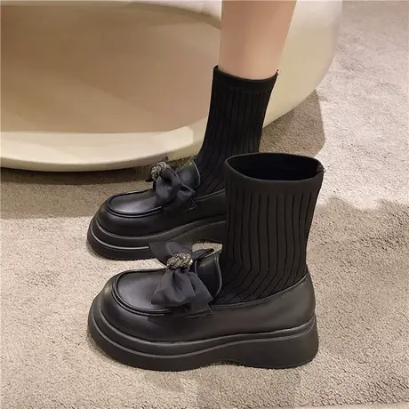 玛丽珍连袜小皮鞋女飞织袜靴2023春秋新款高帮袜子鞋厚底弹力短靴图片