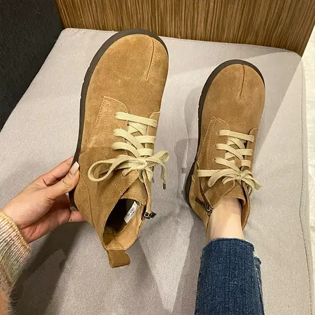 复古小皮鞋女2024秋冬季新款加绒系带保暖棉鞋平底乐福鞋玛丽珍鞋商品大图