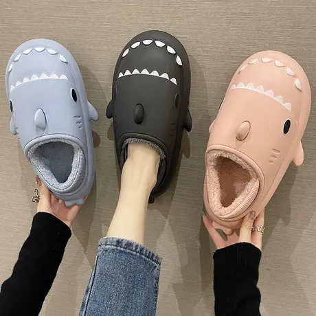 可爱鲨鱼棉拖鞋冬季防水可外穿厚底防滑室内居家毛绒保暖包跟棉鞋商品大图
