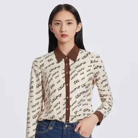 朗姿 线下商场同款印花polo领冬季衬衫奥莱商品大图
