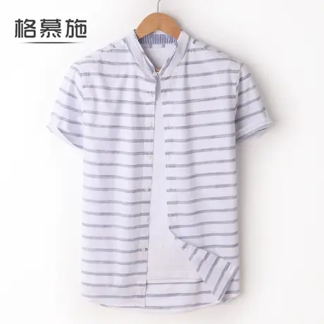 清仓特惠纯棉休闲男短袖衬衫韩版潮流立领休闲衬衣宽松大码条纹薄商品大图