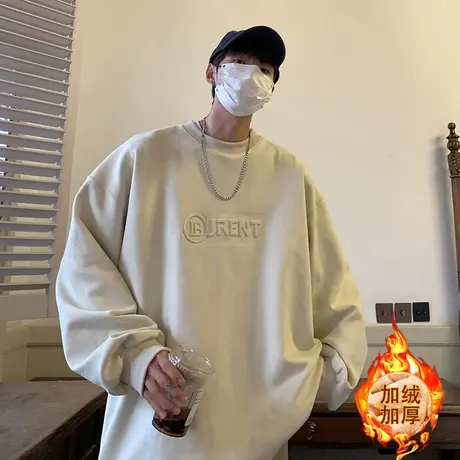 重磅卫衣男春秋宽松圆领长袖钢印外套美式潮牌休闲麂皮绒加厚上衣图片