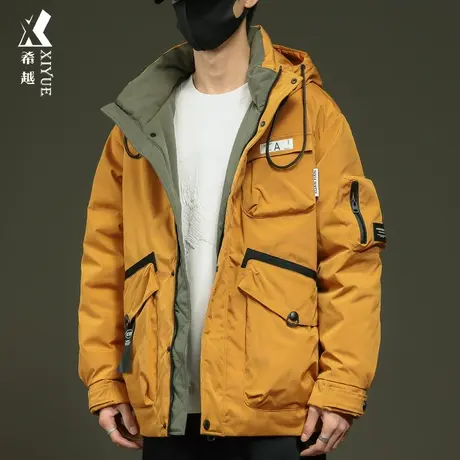 希越中长款工装羽绒服男冬季新国标鸭绒连帽外套宽松大码男士棉服商品大图