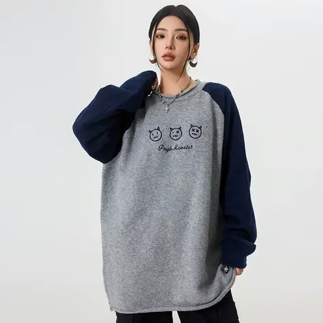 Nuthink美式潮牌刺绣小恶魔拼色毛衣男潮宽松保暖针织衫上衣冬季商品大图