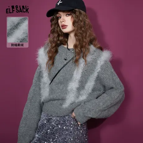 妖精的口袋拼接圆领套头毛衣女2024早春新款慵懒风减龄鸵鸟毛针织图片