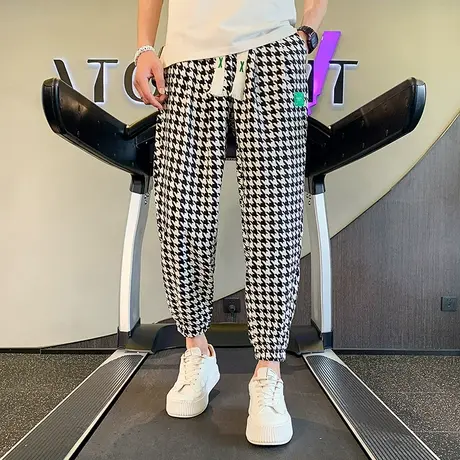 夏季男士休闲裤九分裤裤子哈伦宽松网红潮流薄款运动千鸟格束腿裤商品大图