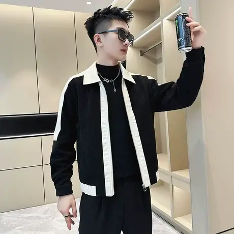 高级感轻熟风pu皮撞色拼接外套男秋冬季新款潮流百搭机车工装夹克商品大图