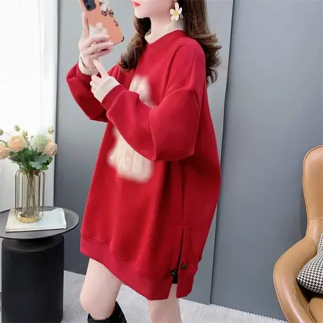 潮牌假两件加绒加厚卫衣女秋冬2023年新款宽松中长款爆款外套上衣商品大图