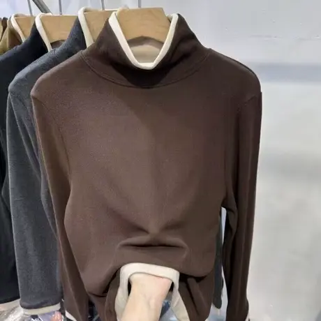 假两件拼接长袖T恤女2024新款内搭德绒打底衫宽松半高领上衣保暖商品大图