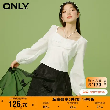 【上新】ONLY奥莱春季新款方领短款泡泡袖纯色长袖雪纺衫女图片
