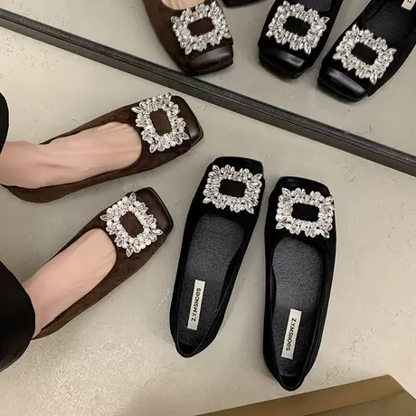 法式玛丽珍鞋女2024年新款复古方头浅口单鞋绒面水钻平底奶奶鞋潮商品大图