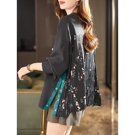 宝诗黎圆领印花百褶拼接卫衣2023秋季新款时尚小众开衩上衣女宽松图片