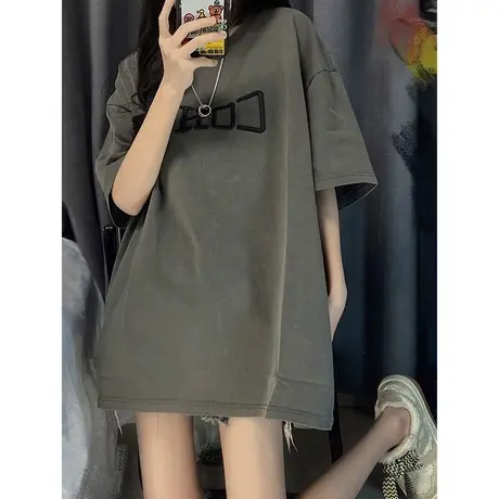 刺绣字母美式复古正肩短袖t恤女小个子夏季oversize宽松半袖上衣商品大图