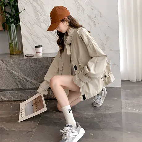 唐狮春秋新款立领女外套大口袋工装休闲时尚短款上衣宽松设计感图片
