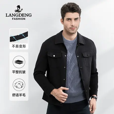 浪登男士夹克2023秋冬双面羊毛短款大衣黑色休闲翻领毛呢外套男商品大图