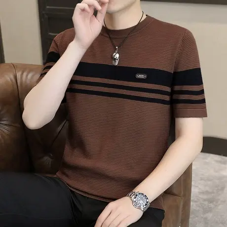 2024夏季新款男士冰丝短袖T恤冰麻半袖体恤衫个性休闲男装针织衫商品大图