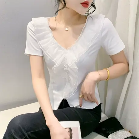 不规则下摆开叉性感V领T恤女短袖设计感木耳边上衣洋气百搭打底衫商品大图