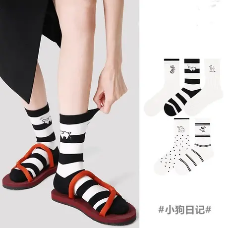 女袜2024春款黑白圆点中筒袜精梳棉原宿风可爱小狗经典款堆堆袜潮商品大图