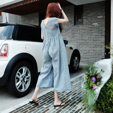 纯诗曼2018新款阔腿连体裤女韩版短袖宽松大码格子棉麻七分裤裙潮商品大图