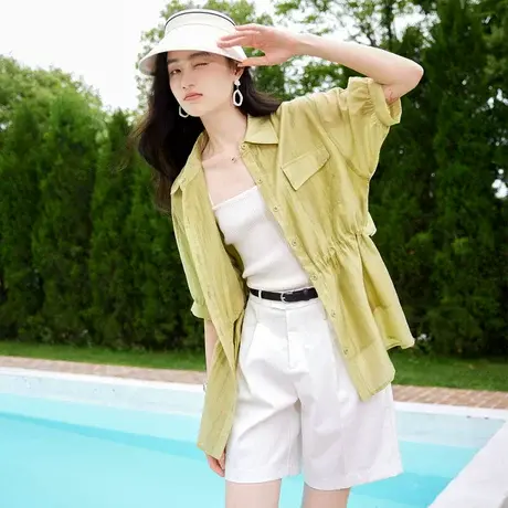 时尚气质翻领中长款收腰外套女士2023年夏季新款显白透气上衣图片