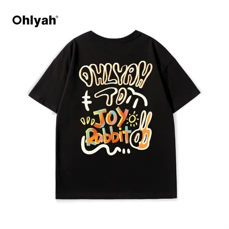 Ohlyah潮牌兔子印花中性短袖美式潮流纯棉圆领黑色情侣同款t恤女商品大图