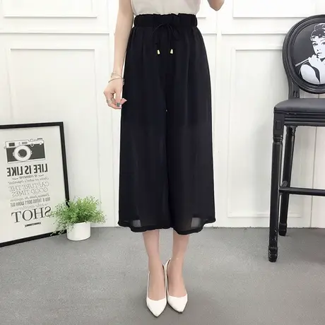 雪纺阔腿裤女九分裤时尚春夏新款韩版高腰休闲系绳宽松裤子6131黑图片