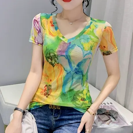 性感V领网纱T恤女短袖2023夏新款时尚修身小衫扎染印花设计感上衣商品大图