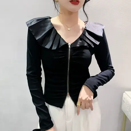 设计感小众长袖T恤女士秋装时尚网红拉链上衣内搭收腰百搭打底衫图片