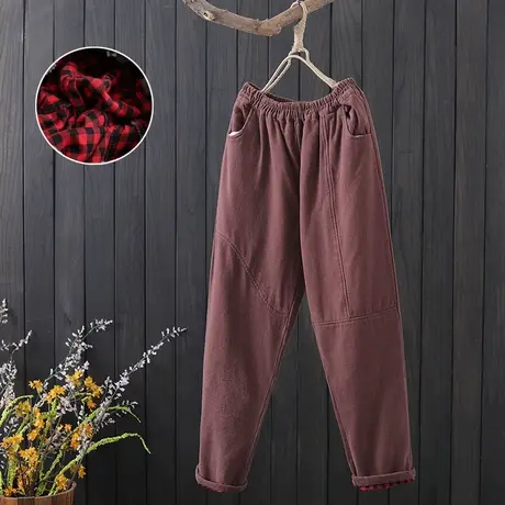 复古文艺拼接棉裤女冬季新款外穿宽松休闲加厚保暖长裤夹棉哈伦裤商品大图