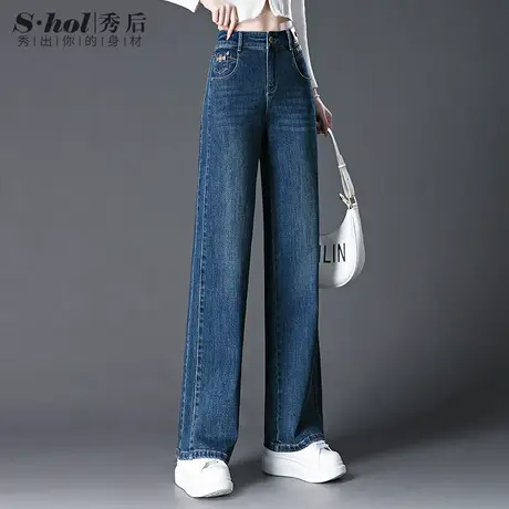 休闲减龄松紧高腰阔腿牛仔裤女秋冬新款显瘦宽松直筒裤烟灰色裤子商品大图