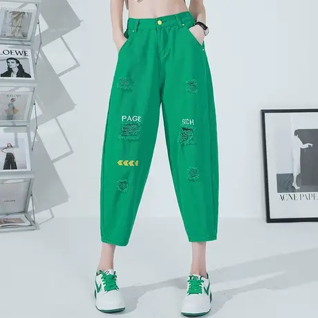 七分绿色破洞牛仔裤女夏季薄款灯笼裤女裤夏八分哈伦裤九分萝卜裤商品大图