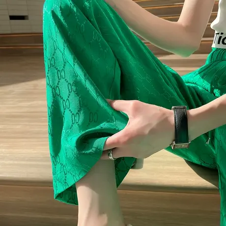 绿色冰丝阔腿裤女夏季2023年薄款高腰垂感直筒宽松印花休闲拖地裤商品大图