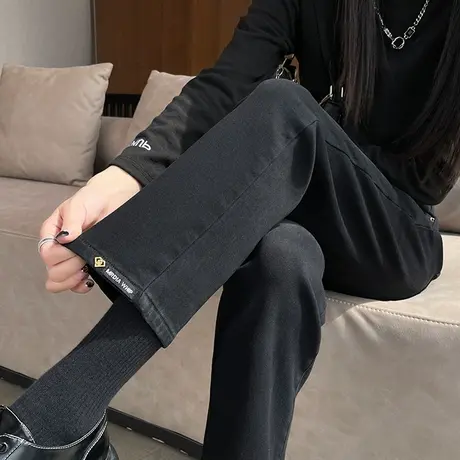 加绒黑色直筒牛仔裤女高腰秋冬新款ins修身显瘦小个子九分烟管裤商品大图