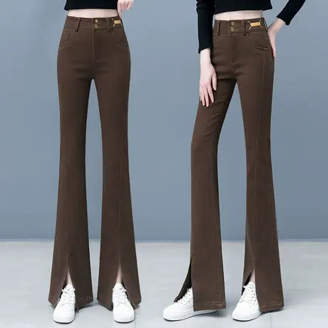 黑色牛仔休闲微喇裤女春秋2023年新款复古高腰开叉喇叭裤修身拖地图片